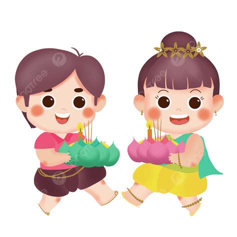 รูปเทศกาลลอยกระทงของประเทศไทย ตัวการ์ตูน สไตล์เด็กน่ารัก ถือตะเกียงดอกบัวยิ้มและสวดมนต์ Png