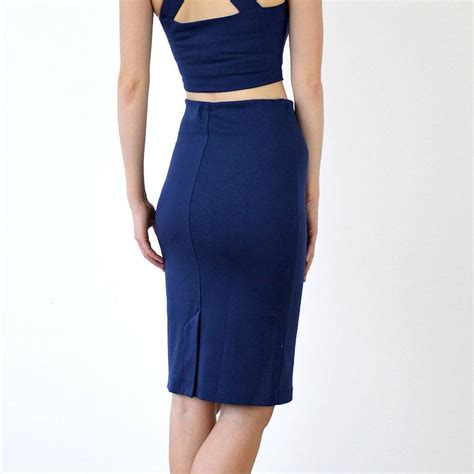 Womens High Waisted Midi Pencil Skirt In Navy Blue Smart Etsy