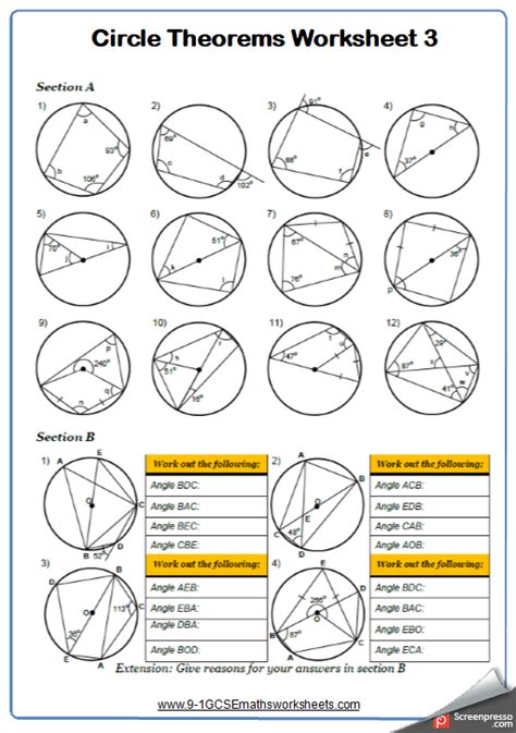 Angles In A Circle Worksheet