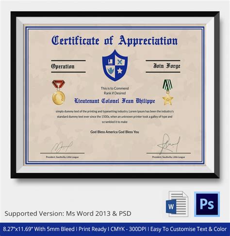 Military Certificate Of Appreciation Template Pdf Template