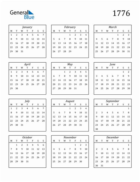1776 Yearly Calendar Templates With Monday Start