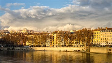 Sunny Buildings Along The River Saone In Lyon France Stock Photo
