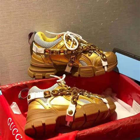 Gucci Unisex Flashtrek Sneaker In Gold Metallic Leather 56 Cm Heel Lulux