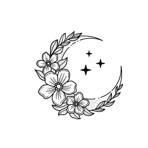 Outline Floral Crescents Moon With Flower Leafy Branches And Stars