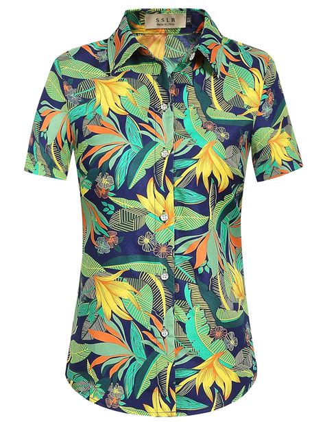 Buy Sslr Women S Print Button Down Short Sleeve Tropical Hawaiian Shirt X Small Dark Blue At