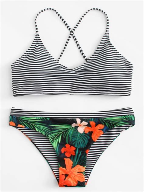 Flower Print Striped Bikini Set Sheinsheinside Swimsuits Striped