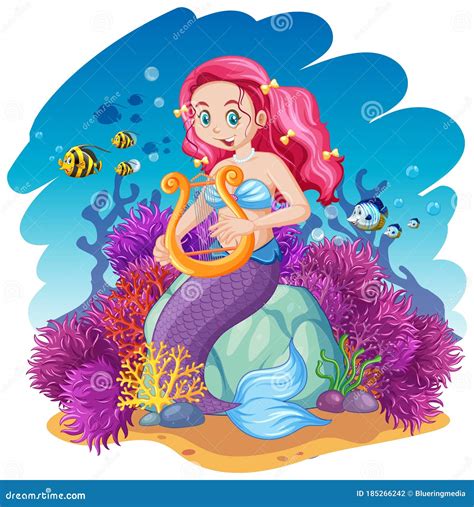 Mermaid And Sea Animal Theme Cartoon Style On Under Sea Background