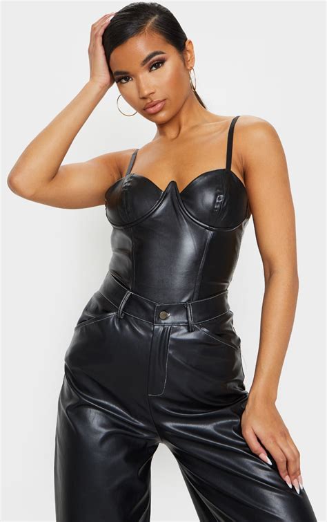 Black Faux Leather V Wire Bodysuit Tops Prettylittlething Ca