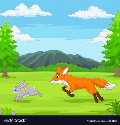 Fox Is Chasing A Rabbit In An African Savanna Vector Image