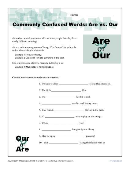 Are Vs Our Worksheet Easily Confused Words