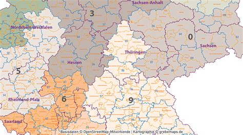 Deutschland Postleitzahlenkarte Plz 1 2 Mit Landkreisen Bundesländern