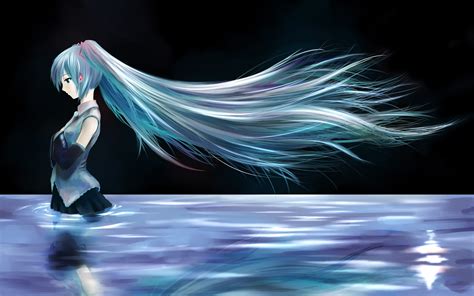 Wallpaper Blue Hair Anime Girl Standing In Water 1920x1200 Hd Picture