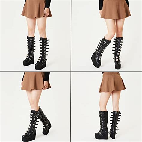 celnepho womens chunky platform knee high boots high heel round toe zip punk goth mid calf