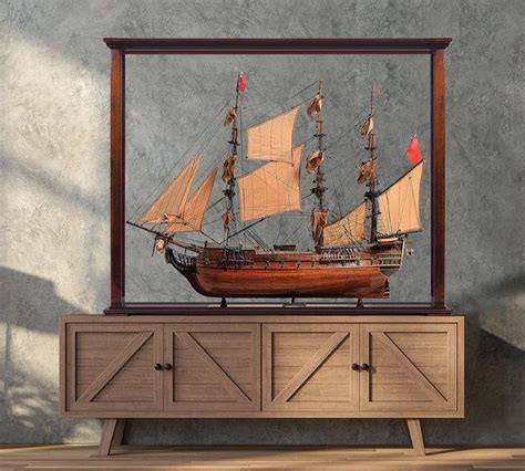 Brown Large Tall Ship Model Display Case 40 Table Top Wood