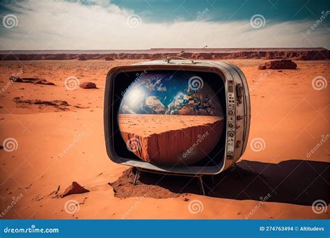 Earth Globe Inside Old Tv Set On Mars Ground Stock Photo Image Of
