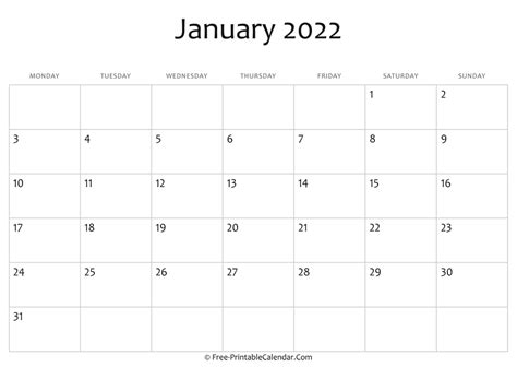 Editable 2022 January Calendar
