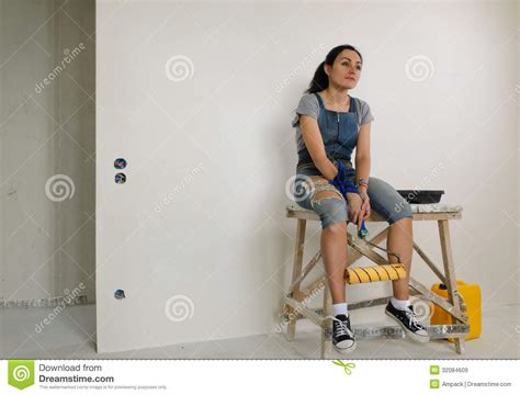 Tired Woman Relaxing While Painting A Wall Stock Image Image Of Long Hold 32084609