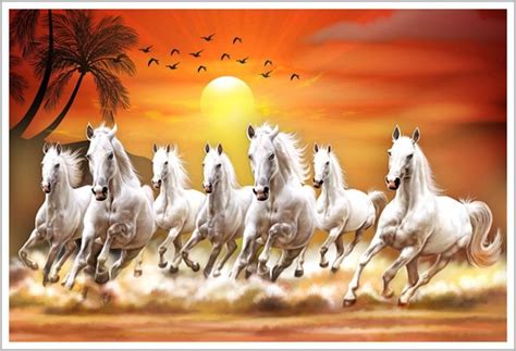 A Group Of White Horses Running Across A Beach At Sunset With Birds