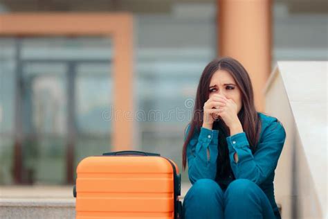 Sad Woman Leaving With Suitcase After Painful Break Up Stock Image
