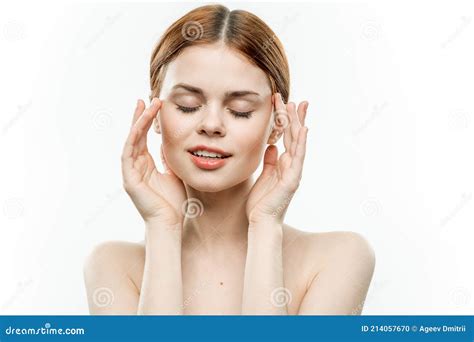 Woman Holding Glamor Face Attractive Look Naked Shoulders Closed Eyes Stock Photo Image Of