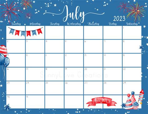 2023 July Printable Editable Calendar Summer Calendar Etsy
