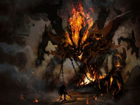 Hd Wallpaper Horn Fire Warrior Chains Demon Caves