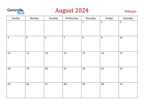 August 2024 Calendar With Ethiopia Holidays