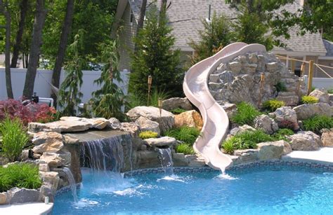 Custom Rock Waterfall With Water Slide From Pool Town In Howell Nj