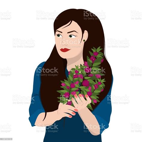 Junge Brünette Frau Mit Einem Strauß Von Bougainvillea Blumen Auf Einem