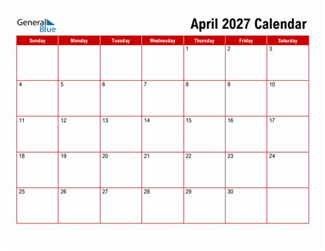 Basic Monthly Calendar April 2027