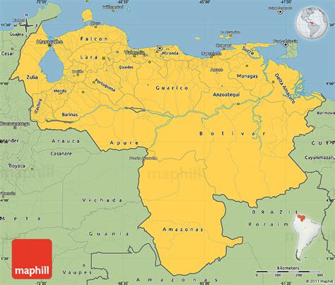 All regions, cities, roads, streets and buildings satellite view. Savanna Style Simple Map of Venezuela