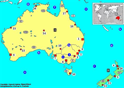 Australië, officieel het gemenebest van australië is een land op het zuidelijk halfrond bestaande uit het australische vasteland en een groot aantal eilanden in de indische en grote oceaan, waarvan tasmanië het grootste is. TopoSite (lernen Topo mittels Üben, Spiel):: Topographie ...