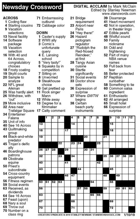 This page contains answers to all june 30 2021 newsday crossword answers. Newsday Crossword Puzzle for Jan 10, 2019, by Stanley ...