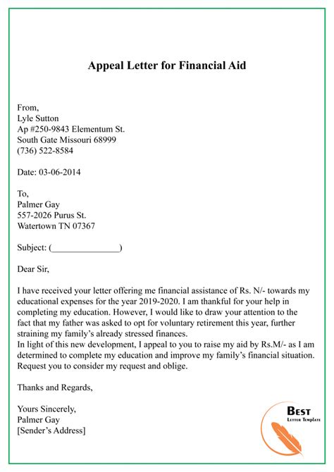 Appeal Letter For Financial Aid Template