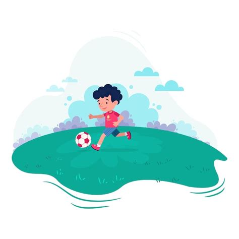 Premium Vector A Boy Kicking The Football In A Ground Illustration