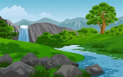 Nature Landscape With Waterfall And Rock Premium Vector Freepik