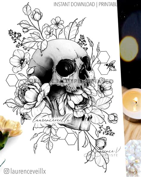 Instant Download Tattoo Design Skull Bees And Flowers Printable