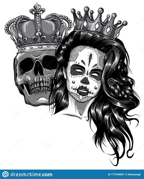 Monochromatic King And Queen Of Death. Portrait Of A Skull With A Crown ...