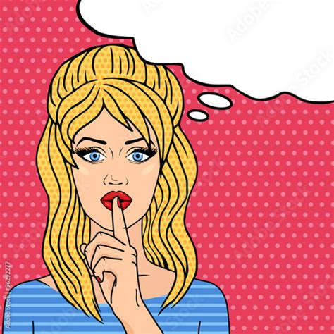 cute retro woman with finger on lips for quiet silence shhh pop art comic style vector