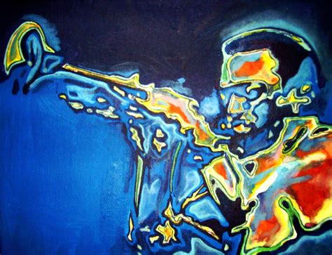 An Abstract Painting Of A Man Playing The Trumpet In Blue And Yellow