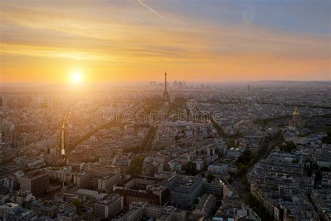 Aerial View Of Paris Skyline With Eiffel Tower At Sunset In Paris
