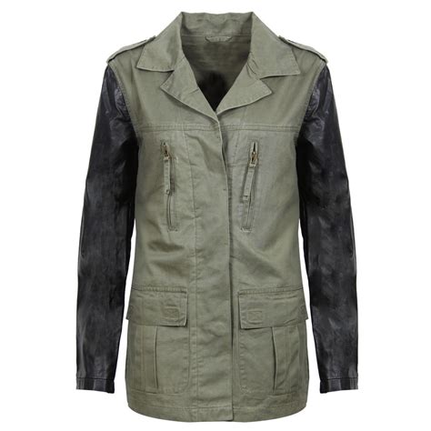 New Womens Khaki Military Jacket Coat Camo Camouflage Pu Leather
