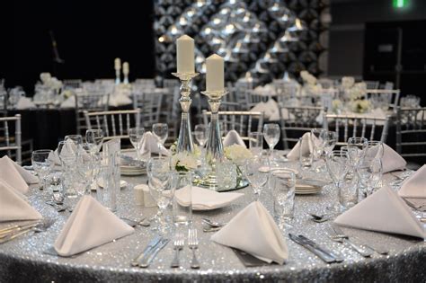 A Black And Silver Themed Gala Dinner Featuring Sequin Table Cloths A