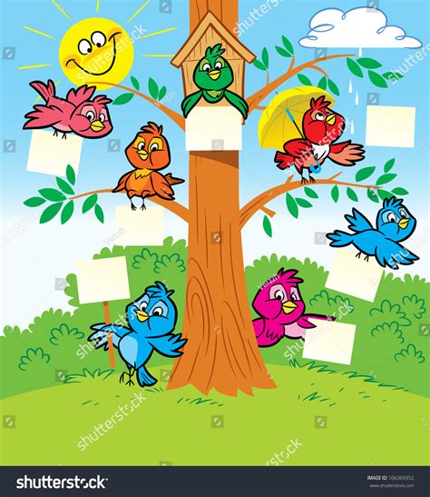 Several Funny Cartoon Birds Sitting On A Tree Stock Vector