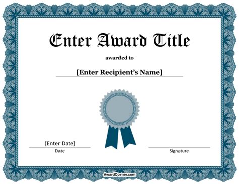 Blue Ribbon Certificate Template For Microsoft Word