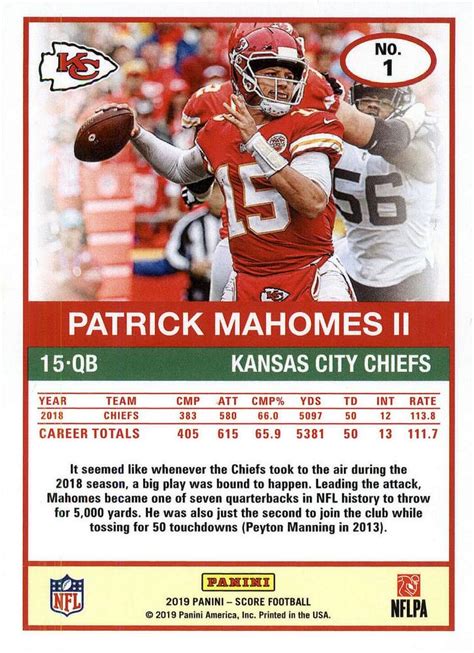 View patrick mahomes football card values based on real selling prices. 2019 Score #1 Patrick Mahomes II | Trading Card Database