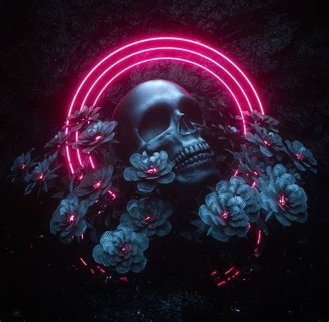 A Skull Surrounded By Flowers In The Dark With Neon Lights On Its Face