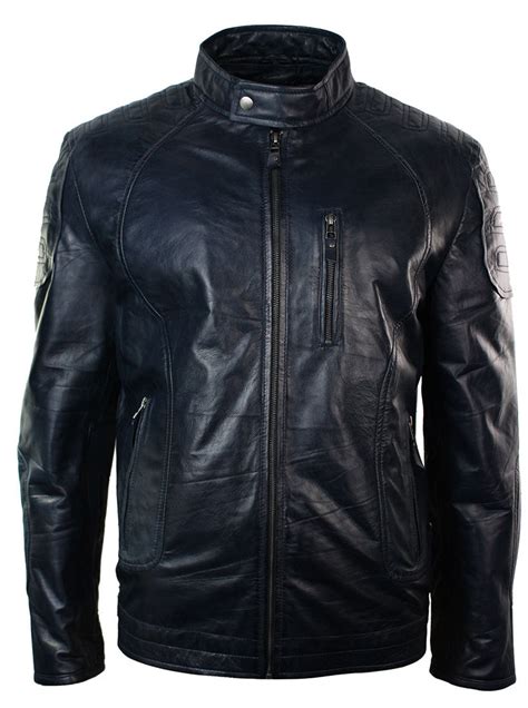 Mens Navy Blue Slim Fit Biker Fashion Real Leather Jacket