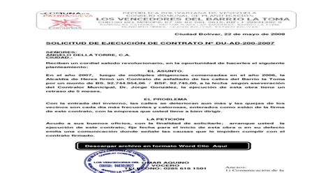 Solicitud De Ejecucion De Contrato De Obra Pdf Document