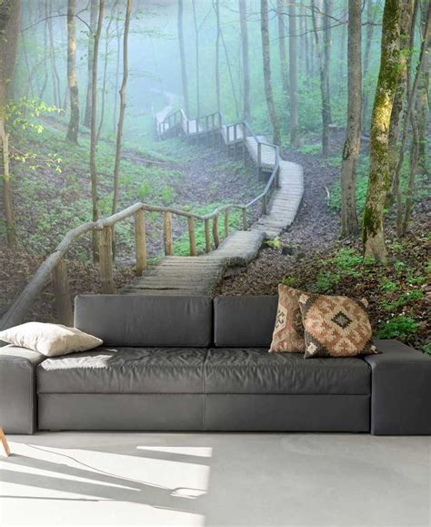 Foggy Forest Stairway Wall Mural Wallsauce Us Home Wallpaper